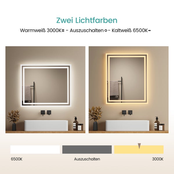 EMKE Badspiegel mit Beleuchtung 60 x 50 cm, LED-Spiegel mit Kippschalter, Anti-Beschlag, Kaltweiß/Warmweiß