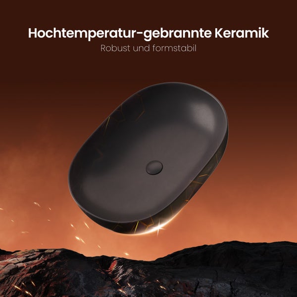 EMKE Aufsatzwaschbecken, Ovales Waschbecken 600 x 415 mm, Mattschwarz, Keramik, Höhe 146 mm, Ohne Hahnloch, Pflegeleicht, Antibakteriell & Feuchtigkeitsbeständig, Für Bad & WC