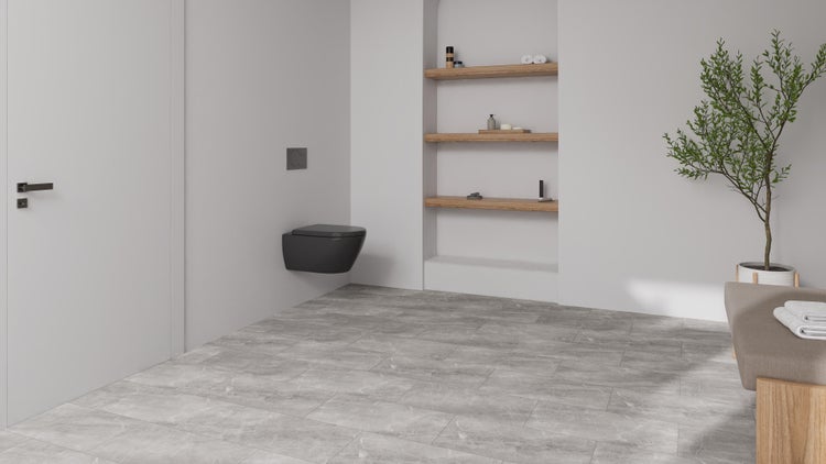 Modernes Badezimmer mit hängendem WC, Regal und Steinzeugfliesen
