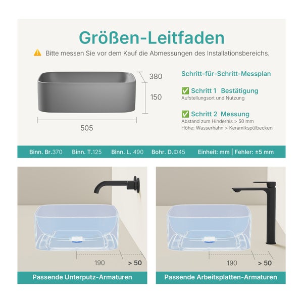 Größeninformationen für ein Waschbecken mit Installationshinweisen