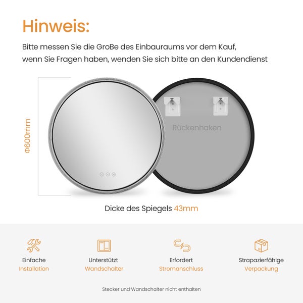 Runder Spiegel mit einer Dicke von 43 Millimetern und einem Durchmesser von 600 Millimetern mit Wandhalterung