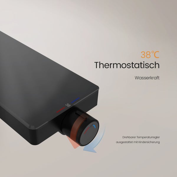 Thermostatischer Temperaturregler mit 38 Grad Celsius Sperre und Kindersicherung, betrieben durch Wasserkraft.