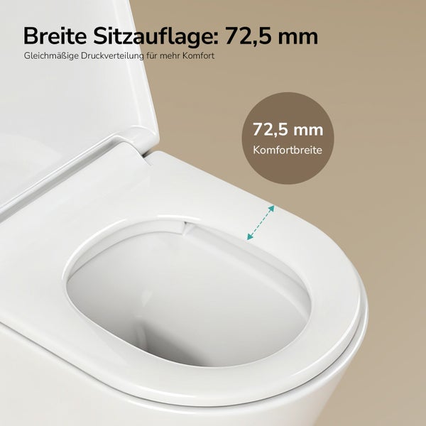 Toilettensitz mit 72,5 Millimeter breiter Sitzauflage für gleichmäßige Druckverteilung und Komfort.