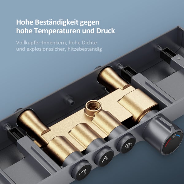 EMKE Duschsystem mit Thermostat 38 °C, Überkopfbrause, Handbrause 3 Strahlarten, unterer Wasserauslass, Verbrühungsschutz, Wandmontage, 114,6×45×48 cm, Anthrazit Matt