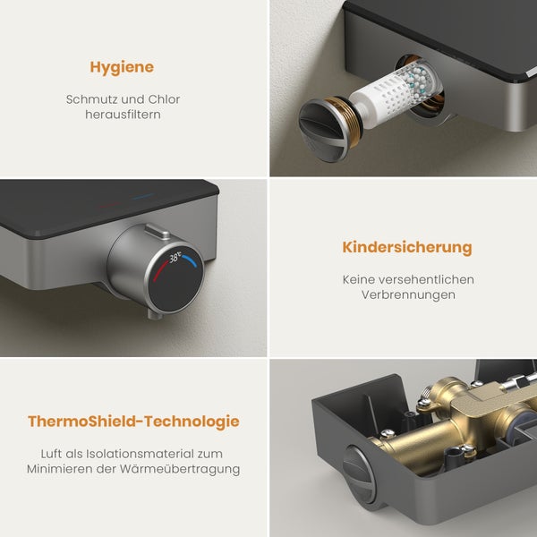 EMKE Duschsystem 601x395x135 mm mit Handbrause, Ablagearmatur, Höhenverstellung und 3 Strahlarten, mit Neoperl-Perlator & integriertem Filter, für Badezimmer, Matt Anthrazit