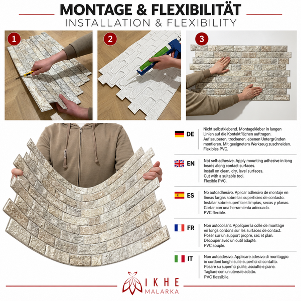 Anleitung zur Montage von flexiblen Wandpaneelen in Ziegelsteinoptik aus PVC mit Informationen zu Kleberauftrag und Zuschnitt.