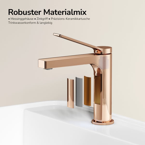 Kupferfarbene Waschtischarmatur mit Messinggehäuse, Zinkgriff und Keramikkartusche, robust, trinkwasserkonform und langlebig.