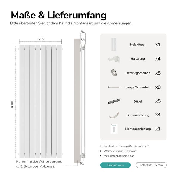 Technische Zeichnung eines Designheizkörpers mit Abmessungen und Lieferumfang inklusive Montagezubehör für massive Wände.