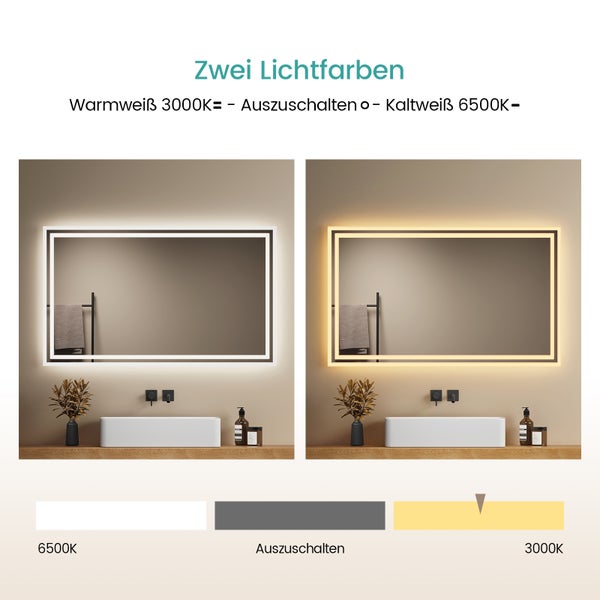 EMKE Badspiegel mit Beleuchtung 100 x 60 cm, Warmweiß/Kaltweiß, seitlicher Kippschalter, beschlagfrei, Aluminiumrahmen, IP44, für Badezimmer