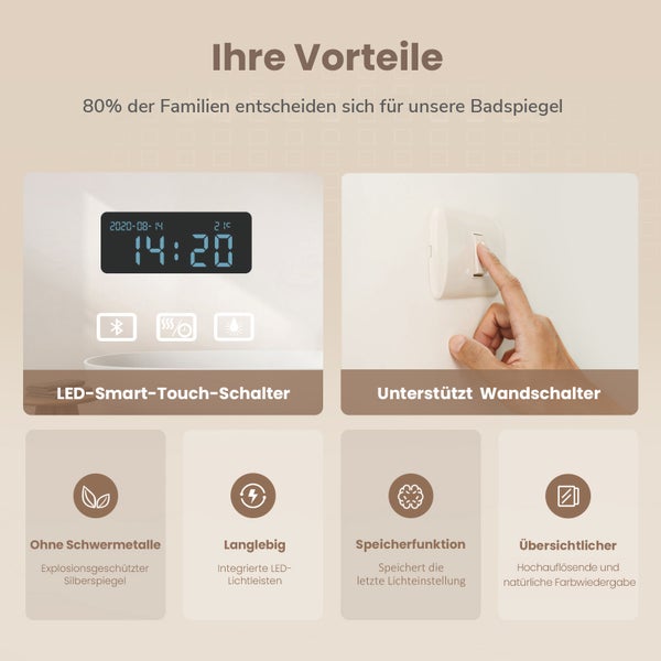 Produktvorteile eines Badezimmerspiegels mit LED Beleuchtung Touch Schalter Wandsteuerung und hochwertiger Spiegeloberfläche ohne Schwermetalle.