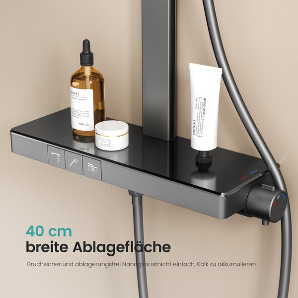 EMKE Duschsystem mit Thermostat, Duschsäule mit 40 cm thermostatischer Glasplatte, höhenverstellbarer Brausestange, Handbrause mit 4 Strahlarten & Wasserauslass, Anthrazit Matt