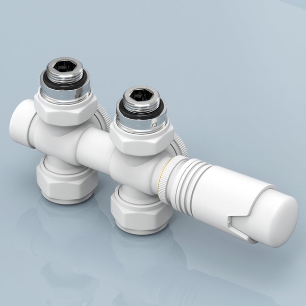 EMKE Thermostat Multiblock-Set Weiß – Heizungsarmatur für Handtuchtrockner, φ16xG1/2, Eckform & Durchgangsform wählbar