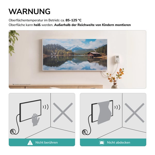 Warnhinweise für Infrarotheizung mit Bildmontage, Warnung vor heißer Oberfläche sowie Verbotshinweise zum Berühren und Abdecken der Heizung.