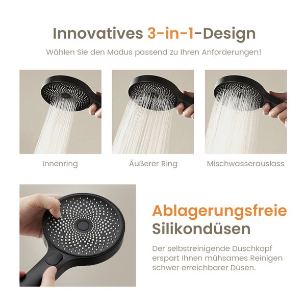 Duschkopf mit drei Strahlarten und selbstreinigenden Silikondüsen.