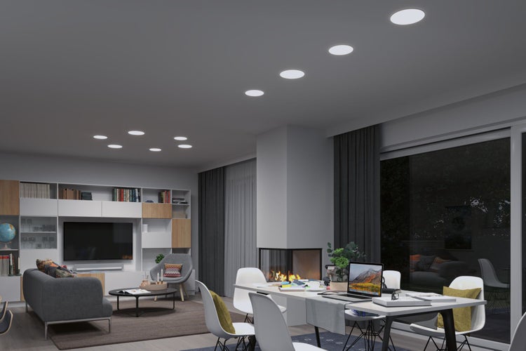 Wohnzimmer mit Deckeneinbaustrahlern, Sofa, Bücherregal, Kamin und Esstisch
