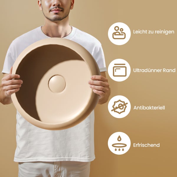 EMKE Aufsatzwaschbecken Ø36 cm, Keramik, Beige matt, Rund, Design Waschbecken für Bad & Gäste-WC, Pflegeleicht, Feuchtigkeitsbeständig, Höhe 12 cm