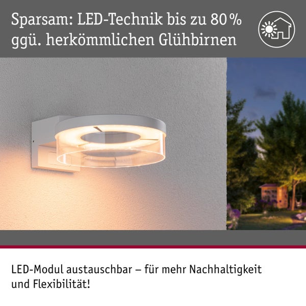 LED Außenleuchte an Hauswand mit Energiesparhinweis