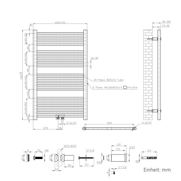 Technische Zeichnung eines Badheizkörpers mit Maßen