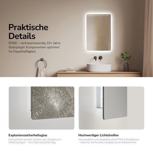 Beleuchteter EMKE Badezimmerspiegel mit LED Beleuchtung, Sicherheitsglas mit Splitterschutz und IP44 Schutzklasse für Feuchträume.