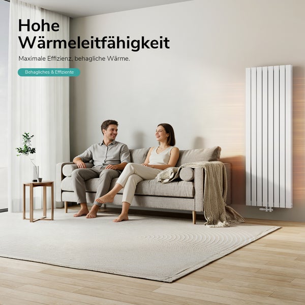 Modernes Wohnzimmer mit Sofa und Heizkörper für hohe Wärmeleitfähigkeit