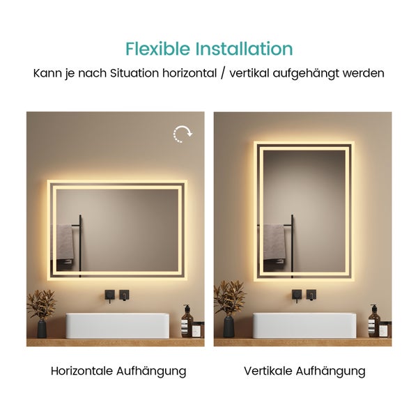 EMKE LED-Badspiegel 70 x 50 cm, Warmweiß, 21 W, Aluminiumbügel Weiß, rostfreier Spiegel, Stromausfall-Memory, flexible Montage, IP44, für Bad