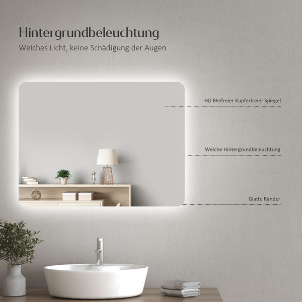 EMKE Badspiegel mit Beleuchtung 60 x 40 cm, Warmweiß/Kaltweiß, beschlagfrei, LED-Rückbeleuchtung, Kippschalter, IP44, für Bad