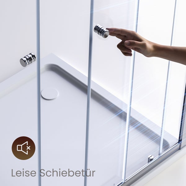 Detailansicht einer Duschkabine mit Schiebetür und dem Symbol für leise Schiebetür