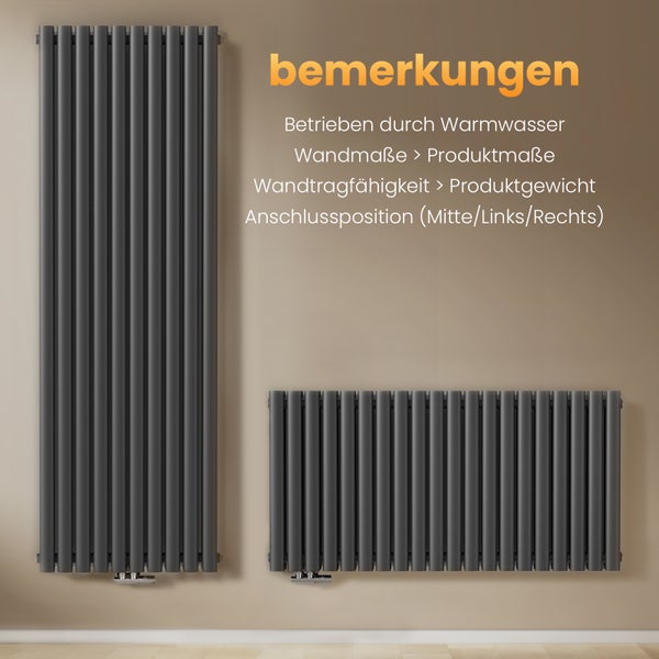 EMKE Badheizkörper 900×240 mm, Designheizkörper, Vertikal, Doppelrohr oval, 373W, Anthrazit, für Warmwasserbetrieb, für Bad, Zentralanschluss