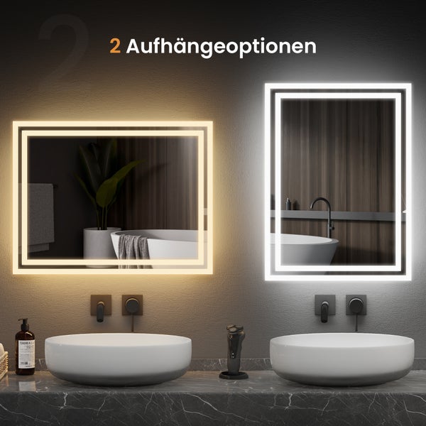 EMKE Badspiegel mit Beleuchtung 60 x 50 cm, Warmweiß/Kaltweiß, seitlicher Kippschalter, beschlagfrei, Aluminiumrahmen, IP44, für Badezimmer