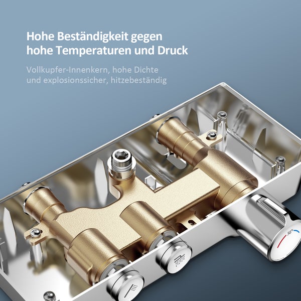 EMKE Duschsystem mit Thermostat, Wasserfall-Überkopfbrause, Handbrause mit 3 Strahlarten, Glasablage, 38 °C Wohlfühltemperatur, KTW-zertifiziert, 1142 x 303 x 460 mm, Chrom