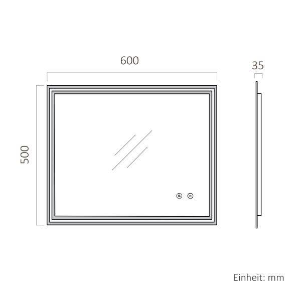 Technische Zeichnung eines rechteckigen LED Badezimmerspiegels mit Touch Steuerung, Breite 600 Millimeter, Höhe 500 Millimeter, Tiefe 35 Millimeter
