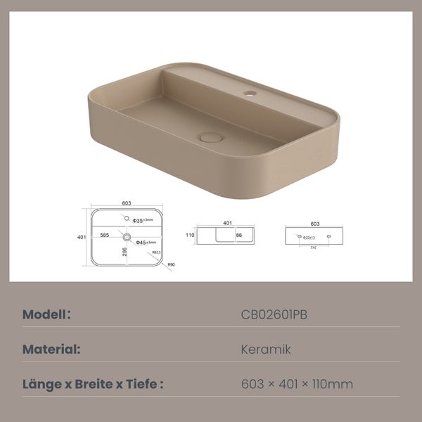 EMKE Waschtisch Keramik Matt-Beige, 60 x 40 cm, Wand- und Aufsatzwaschbecken, Waschbecken mit Hahnloch, R-Kantenschutz, für Badezimmer