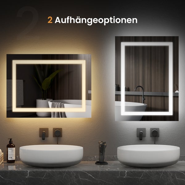 Badezimmer mit zwei Waschbecken und zwei beleuchteten Spiegeln mit unterschiedlicher Lichtfarbe