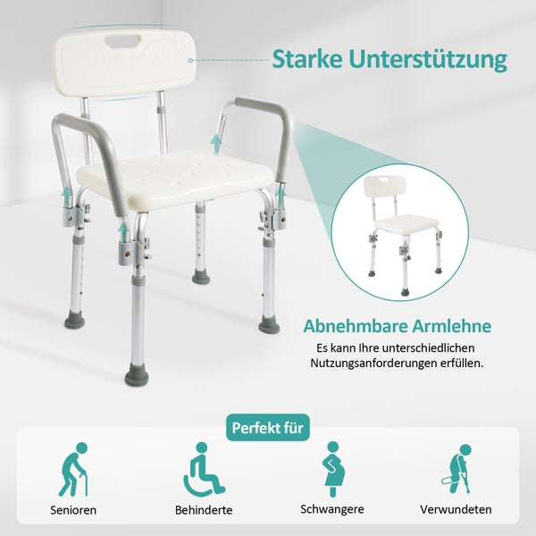 EMKE Duschhocker für Senioren – Duschstuhl mit Armlehnen und Rückenlehne, höhenverstellbarer Duschsitz, Badhocker für Dusche und Badewanne, belastbar bis 135 kg, Weiß