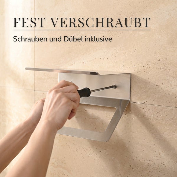 Montage eines Toilettenpapierhalters mit Ablage aus Edelstahl durch Verschrauben an einer Fliesenwand mit beiliegenden Schrauben und Dübeln.