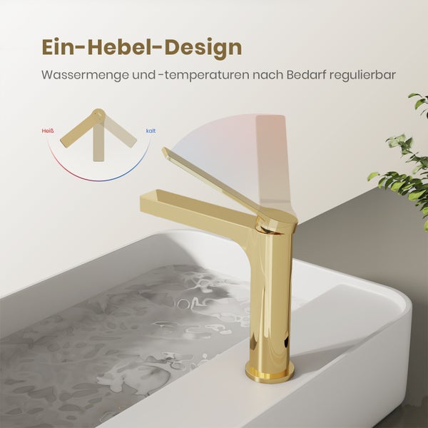 Goldene Einhebelarmatur am Waschbecken mit Illustration zur Temperatureinstellung