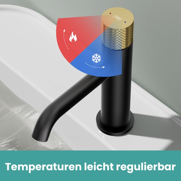 EMKE Badezimmerarmatur, Waschtischmischer, Haushaltswasserhahn, Waschtischarmatur für Aufsatzwaschbecken，Ø18mm, wassersparend, kalkabweisend, Mischbatterie für warmes und kaltes Wasser, Schwarz