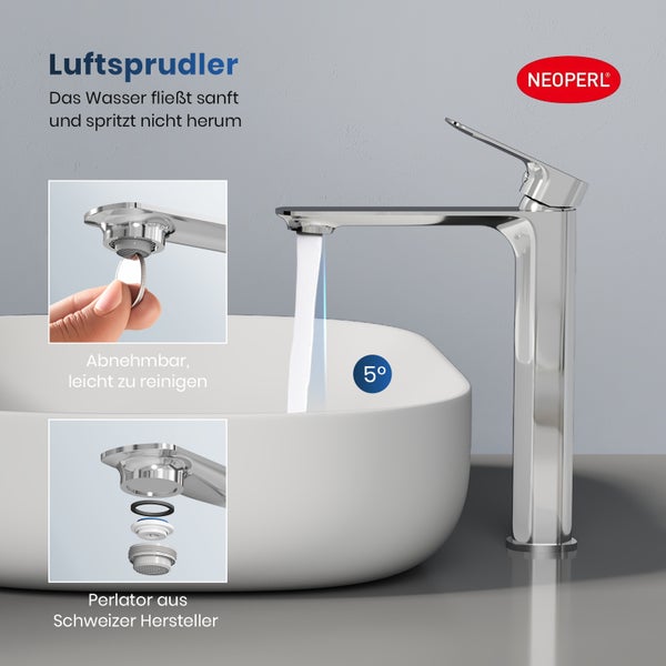EMKE Badezimmerarmatur, Waschtischmischer, Haushaltswasserhahn, Waschtischarmatur für Aufsatzwaschbecken, Kurz Waschtischarmatur Messing Mischbatterie, Chrom, L215 x H 269mm