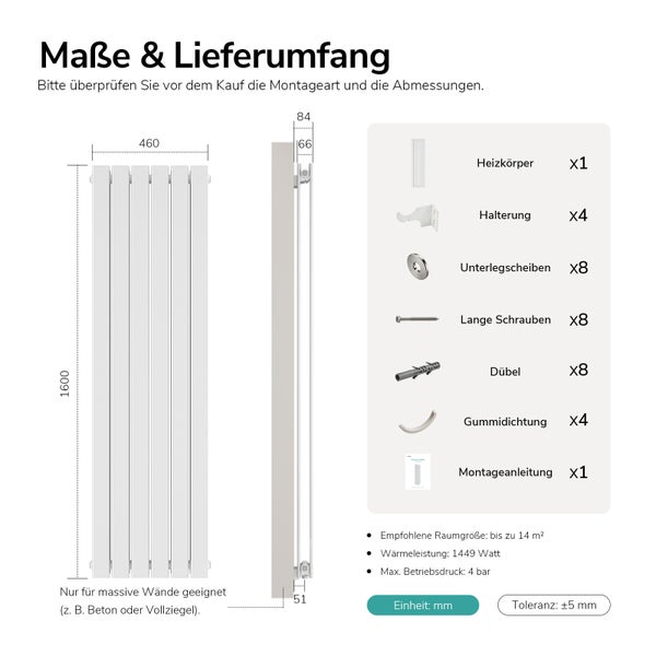 Maßzeichnung und Lieferumfang eines Design Heizkörpers mit 1600 mal 460 Millimeter Abmessungen inklusive Montagematerial und technischer Daten.