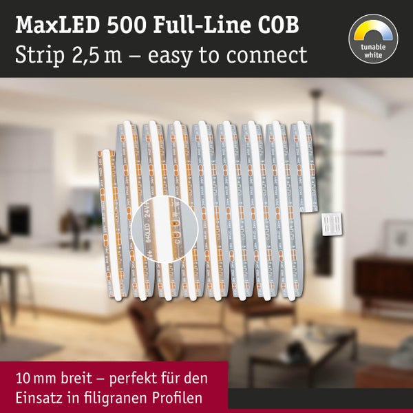 MaxLED 500 Full-Line COB LED Lichtband Eigenschaften: Klebeband, 640 LEDs pro Meter, kürzbar alle 2,5 Zentimeter, leicht zu verbinden