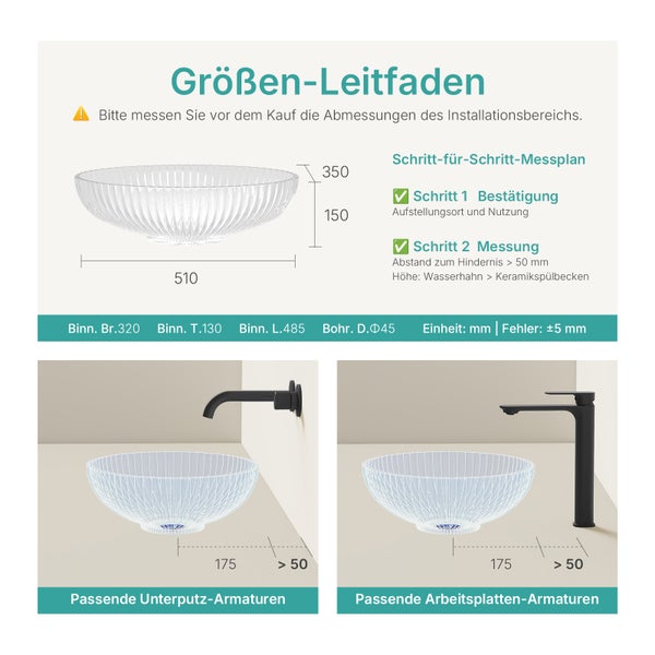 Größenleitfaden für eine Waschtischschale mit Installationshinweisen und Maßangaben