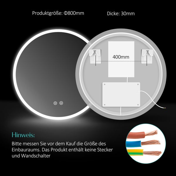 Runder Spiegel mit LED-Beleuchtung und technischen Details zur Größe und Installation