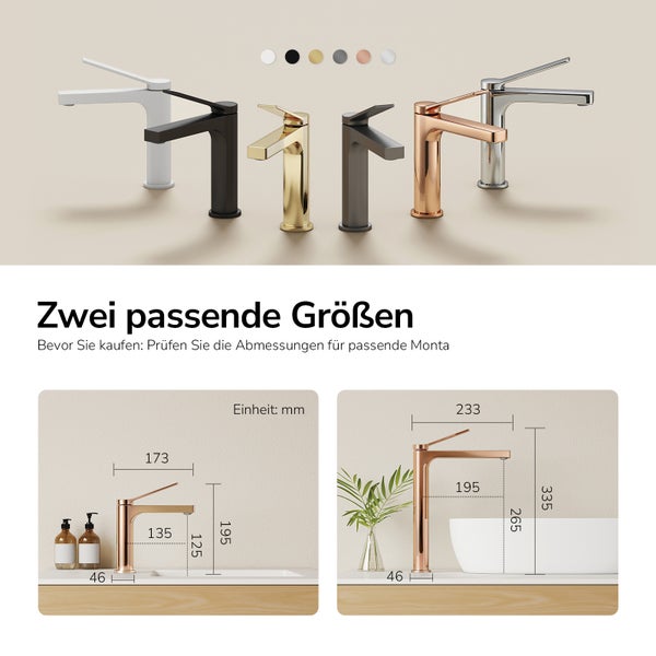 Verschiedene Waschtischarmaturen in verschiedenen Metallausführungen und Größenangaben