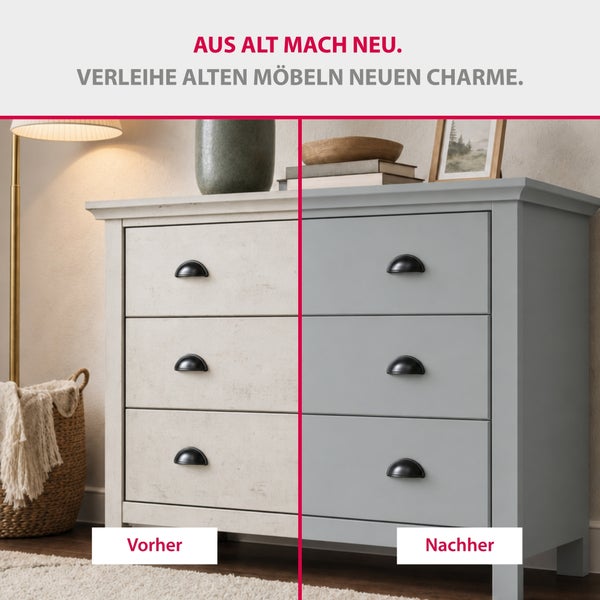 Vorher-Nachher-Vergleich einer renovierten Kommode mit drei Schubladen, grauer Oberfläche und schwarzen Muschelgriffen.