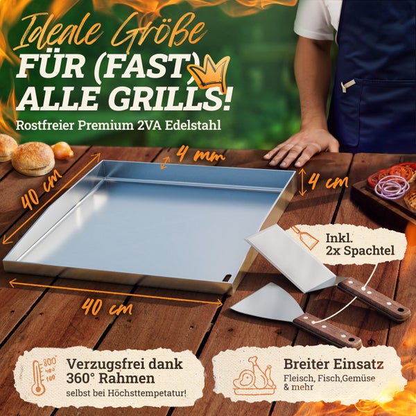 LIKAYA Plancha Edelstahl Grillplatte [40x40cm] – Verzugsfreier 4mm Edelstahl inkl 2x Grillspachtel mit FSC-Akazienholzgriff – Perfekt für Smash Burger, Gemüse & mehr!