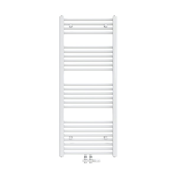 Weißer Badheizkörper mit Heizkörperanschlussgarnitur