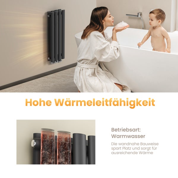EMKE Badheizkörper 600×240 mm, Designheizkörper, Vertikal, Doppelrohr oval, 248 W, Matt Schwarz, für Warmwasserbetrieb, für Bad, Zentralanschluss
