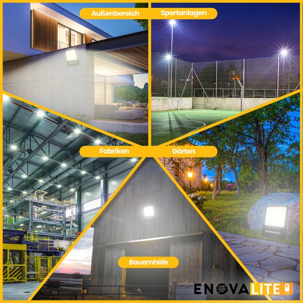 Anwendungsbereiche für EnovaLite Produkte: Außenbereich, Sportanlagen, Fabriken, Gärten und Bauernhöfe
