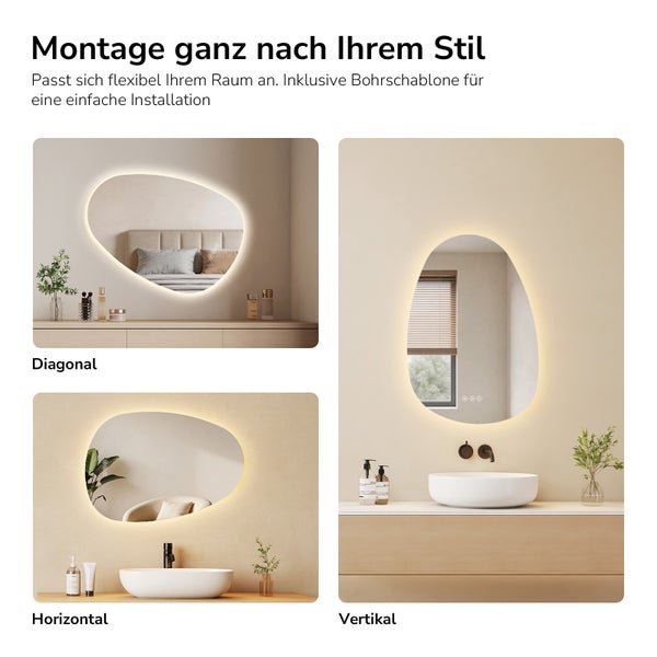 Organisch geformter LED-Spiegel in verschiedenen Montageoptionen: diagonal im Schlafzimmer sowie horizontal und vertikal im Badezimmer.