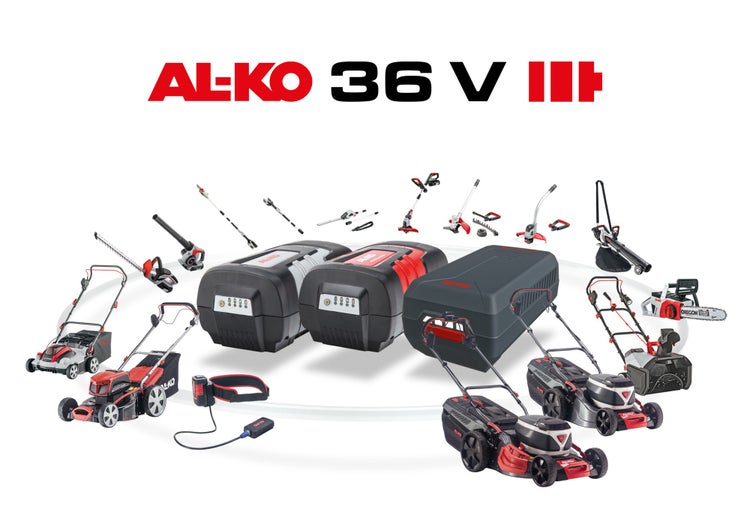 Übersicht des AL-KO 36 Volt Akkusystems mit Akkus, Ladegerät und verschiedenen Gartengeräten wie Rasenmäher, Heckenschere und Laubbläser.